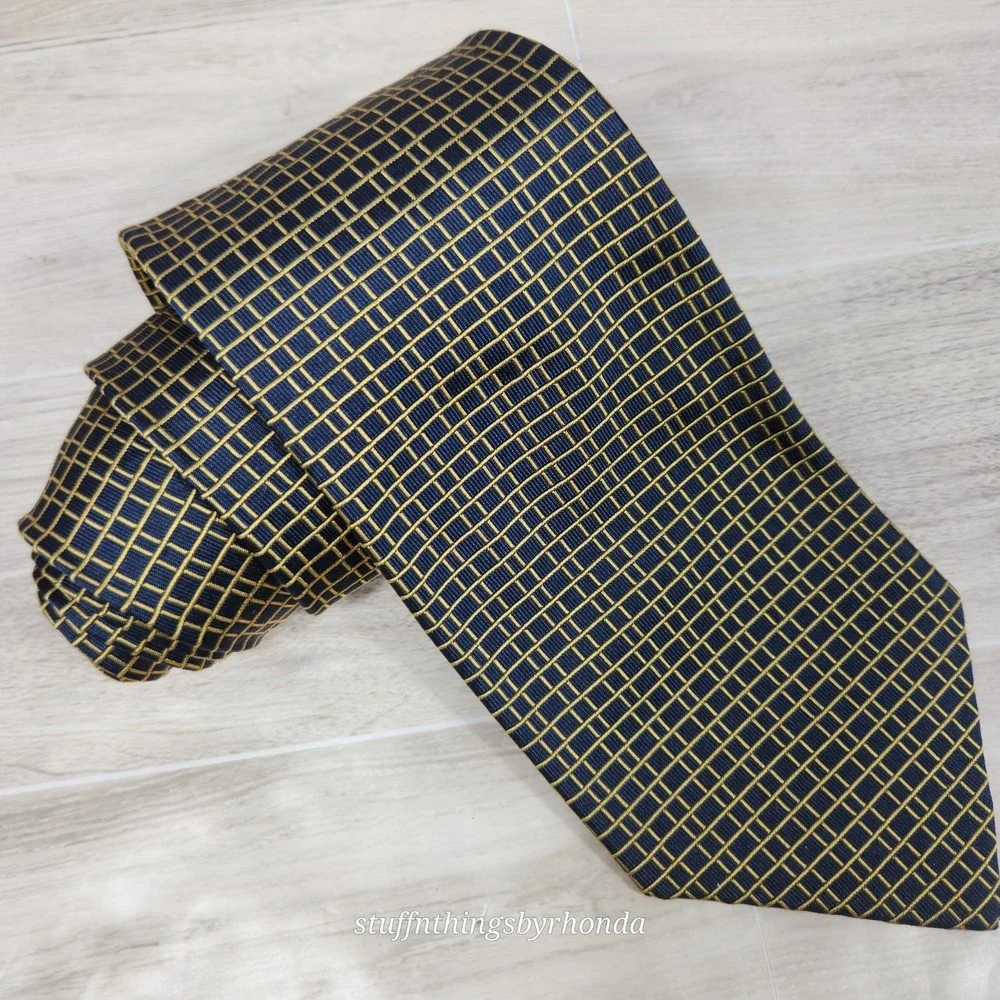 Lauren Ralph Lauren 100%‎ Silk Textured Men's NeckTie Navy With Yellow X-long